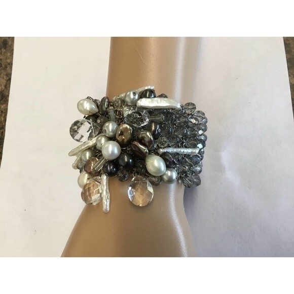 Vintage Beaded Cuff Bracelet Pearls - Picture 5 of 6